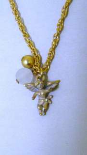 Antique Look Cherub Guardian Angel Gold Tone Charm Pendant Necklace 