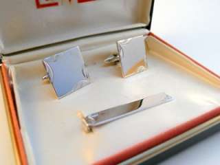   1950s 60s La MODE Sterling Hand Engraved CUFF LINKS & TIE BAR Orig BOX