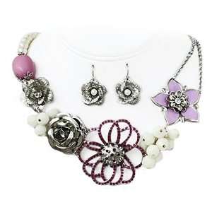 Faux Pearl and Casting Purple Flower Necklace and Earrings Set Fashion 