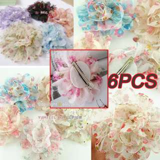 6Pc 4inch Girl Lace Chiffon Flower Hair Clip Headband Accessory rp06 