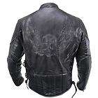 Mens Premium Black Distressed Leather Flying Skull Racer Jacket L `
