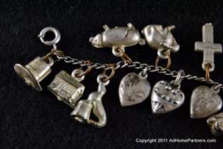 Vintage Sterling Silver Charm Bracelet Hearts Animals Skull Tank 