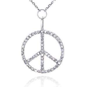    14K White Gold Peace Sign Diamond Pendant w/ Necklace Jewelry