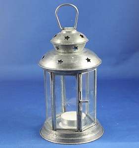  Silver Metal Tea Light Lantern with Glass Panel Sides and Stars  