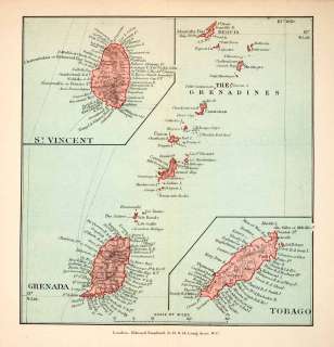 1907 Wood Engraved Map Saint Vincent Grenada Grenadines Tobago Bequia 