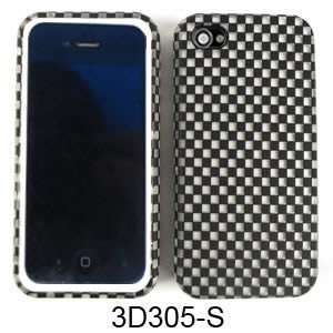 Apple Iphone 4 4S Jelly Case 3D Embossed Silver / Black Checkers with 