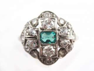 Vintage Art Deco 1920s 30s Platinum Diamond Emerald Filigree Ladies 