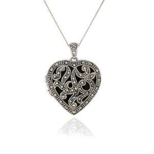    Sterling Silver Marcasite and Onyx Heart Locket, 18 Jewelry