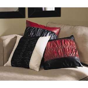 16in PLEATED LEATHER CUSHION, RED & BLACK 
