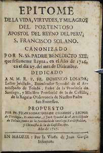 VIDA DEL PORTENTOSO NEGRO SOLANO 1727 COLONIAL PERU, FIRST ED 