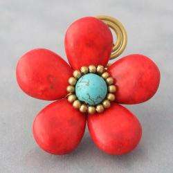 Brass Large Red Coral and Turquoise Flower Wrap Ring (Thailand 
