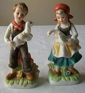 pr Boy Girl Ceramic Figurine w/Dog & Duck  
