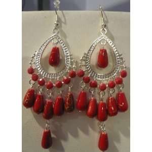  Red Silver Beaded Indian Chandelier Dangle Earrings 