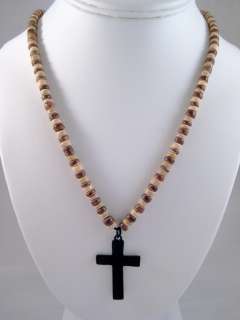 NWT 20 WOOD BEAD NECKLACE WITH CROSS PENDANT #N1005  