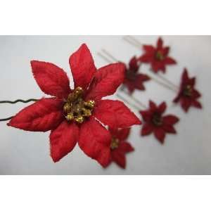  Small Red Poinsettia Christmas Flower Hair Pins   Set of 6 