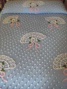 VINTAGE CHENILLE BEDSPREAD Beautiful & Rare Flowers, Fans & Bows on 