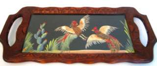 Vtg Carved Mexican Wood Glass Tray Birds Rooster Cactus  