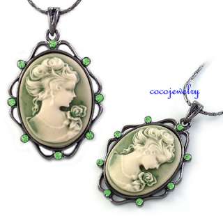 New Vintage Style Green Cameo Crystal Rhinestones Pendant Necklace