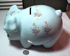 Cute Large Blue with Flowers Lefton China Pig Piggy Bank  