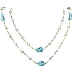 14k Yellow Gold Blue Topaz and Pearl Necklace (3.4 mm)  