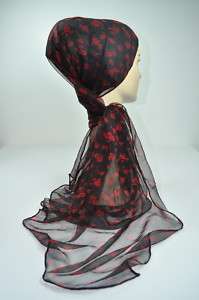 New Oblong Silk Scarf Shawl Wrap Hijab Red Flower Black  