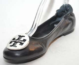 TORY BURCH Reva Black Leather Ballet Flat Silver Logo Womens Shoes 7.5 