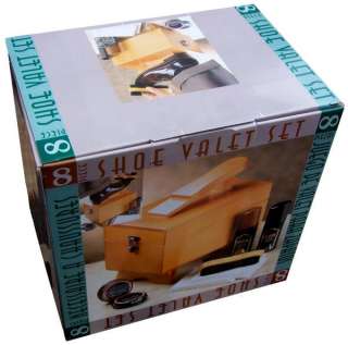 Deluxe 8 Piece Shoe Shine Valet Wooden Box Kit with Brush & Polish