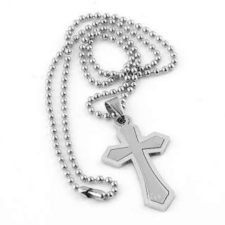   Stainless Steel Cross Bead Pendant Chain Mens Necklace 19L Jewelry