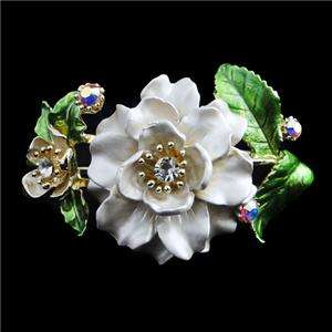   White Enamel Dual Flower Bracelet Bangle Cuff Swarovski Crystal  