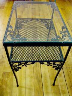 Vintage Woodard Orleans Wrought Iron Two Tier Glass Top End Table 