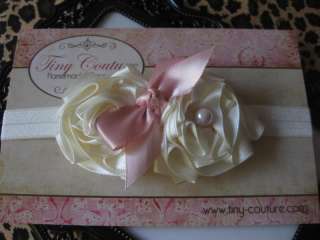 handmade vintage baby girl headband ivory cream pink bow flower satin 