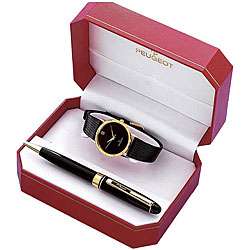 Peugeot Mens Round Goldtone Strap Watch and Pen Set  
