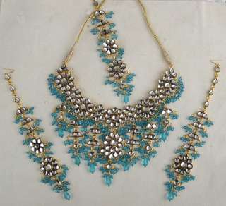 4PC INDIAN GOLD PLATED KUNDAN BRIDAL JEWELRY NECKLACE EARRING TIKKA 