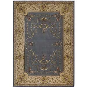   Blue Floral Wool Area Rug with Tan Border 5.60 x 7.50.