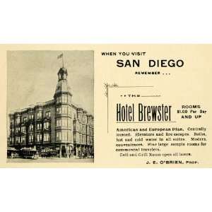 1898 Ad San Diego California Hotel Brewster J E OBrien 