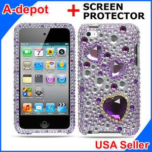 Ipod Touch 4G 4th Gen Purple Heart Bling Case Cover+LCD  