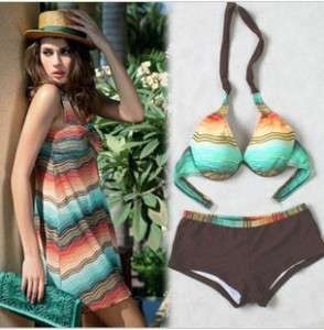 3PCS Stripe Swimsuit Cover up dress & Bikini 6 8 10  