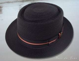 Biltmore Black Porkpie Style Straw Hat w/Stripped Band  
