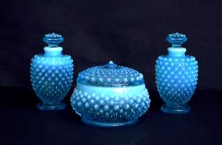 Fenton Vanity Set Blue Hobnail Opalescent 3 Pcs  