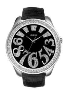 GUESS WATCH BLACK LEATHER STRAP,CRYSTALS G85850L NEW  
