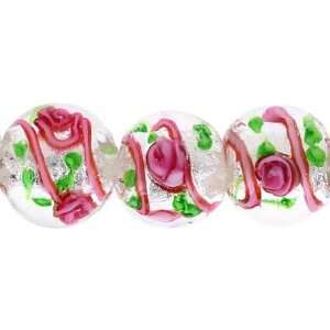  12mm Pink Rose and Swirls Silver Foil Lined Glass Beads 