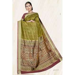 Indian Selections Herb Green Art silk Sari with Gold & Maroon Border 