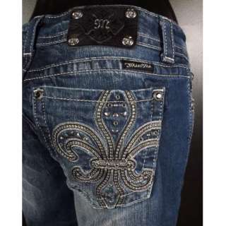 NWT MISS ME JEANS Straight Leg Leather Fleur De Lis with Crystals 