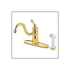   Deck Mount Kitchen Faucet with Plastic Sprayer Polished Brass Home