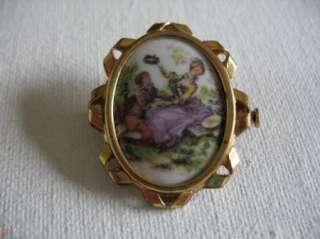 ANTIQUE LIMOGES FRANCE HAND PAINTED BROOCH GF TROMBONE CLASP FREE 