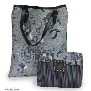  Cotton and leather shoulder bag and purse set, Gray Batik 