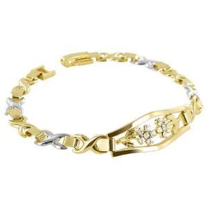   Cubic Zirconia Flower Design Two Tone X and O Link 7.5 inch Bracelet