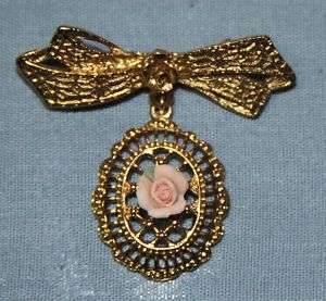 VINTAGE 1928 Jewelry PINK PORCELAIN ROSE Brooch Pin  