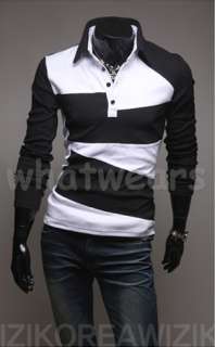 Mens Irregular Stiped Design Slim Fit Polo T Shirt Black Sleeve M L XL 