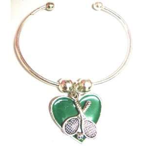  Tennis Crossed Racquet with Green Heart Bangle Bracelet (Brand 